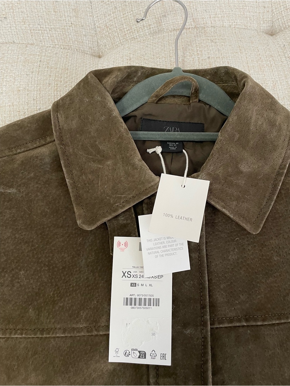 NWT Zara 100% Leather Suede Bomber Jacket Khaki Dusty Cocoa Brown - Picture 10 of 14